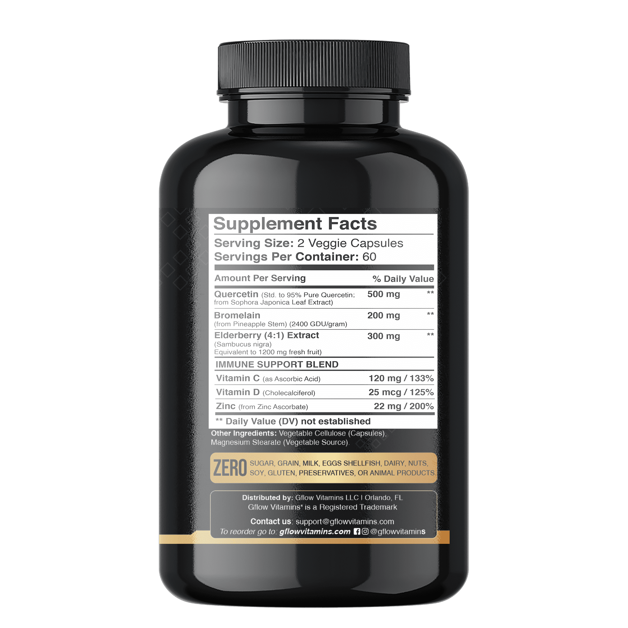Gflow Vitamins Quercetin with Bromelain, Elderberry, Vitamin C, D and Zinc  - Elderberry with zinc and Vitamin c for Adults (Non-GMO, Vegan) - 4 months supply