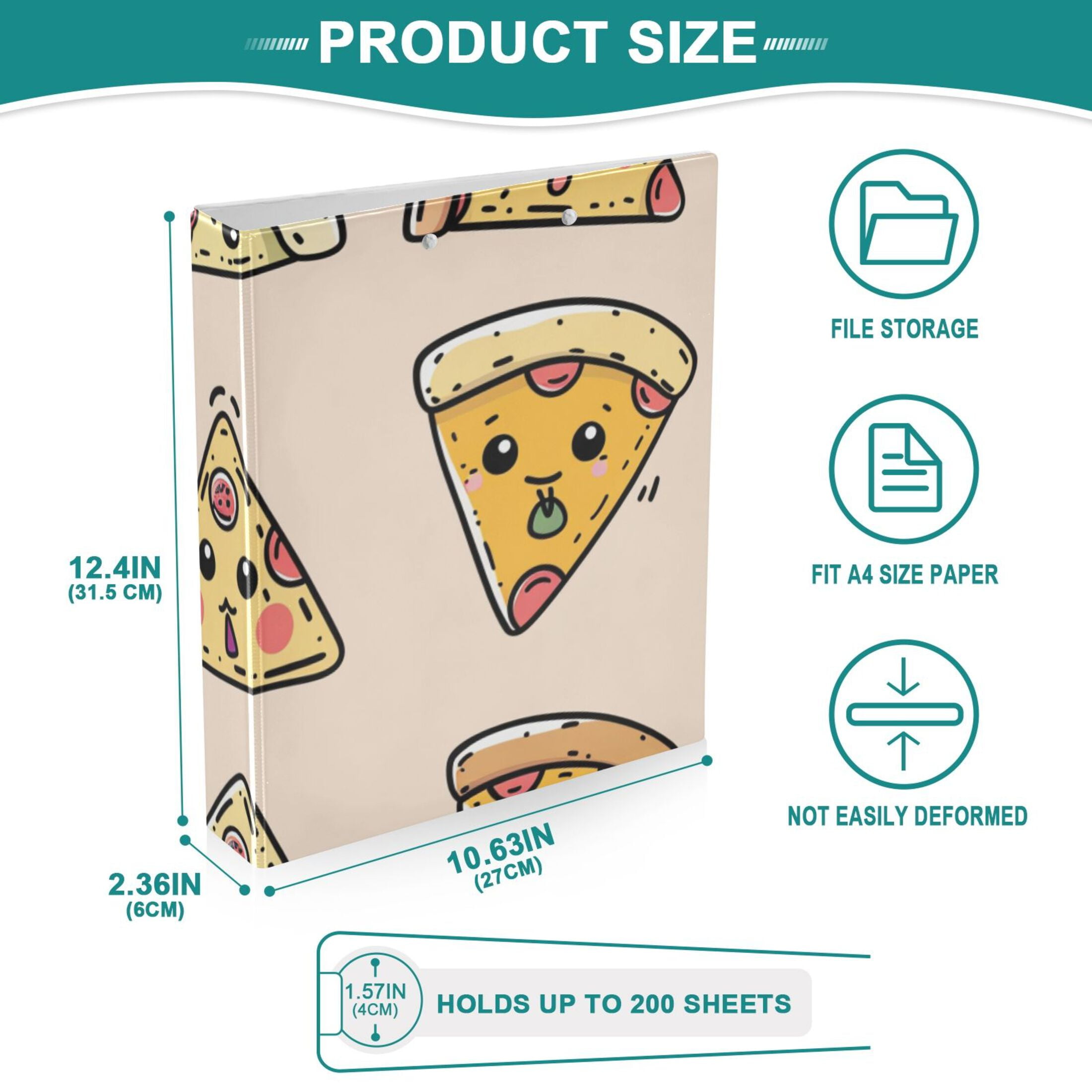 Cute Pizza 3 Ring Binders 1.5 inch Hardcover File Folders with Interior Pockets A4 Size Organizer for School Office Hospital