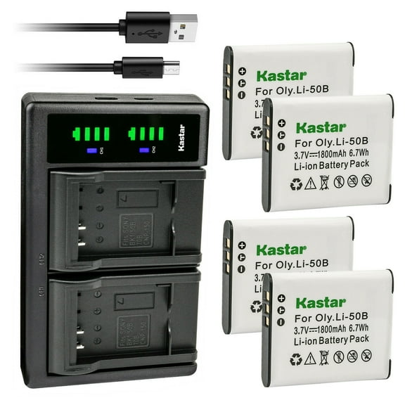 Kastar 4-Pack Battery and LTD2 USB Charger Compatible with Olympus Tough 6000, Tough 6010, Tough 8000, Tough 8010, D-750, D-755, D-760, Traveller SH-21, Traveller SH-25MR, SP-720UZ, SP-800, SP-800UZ