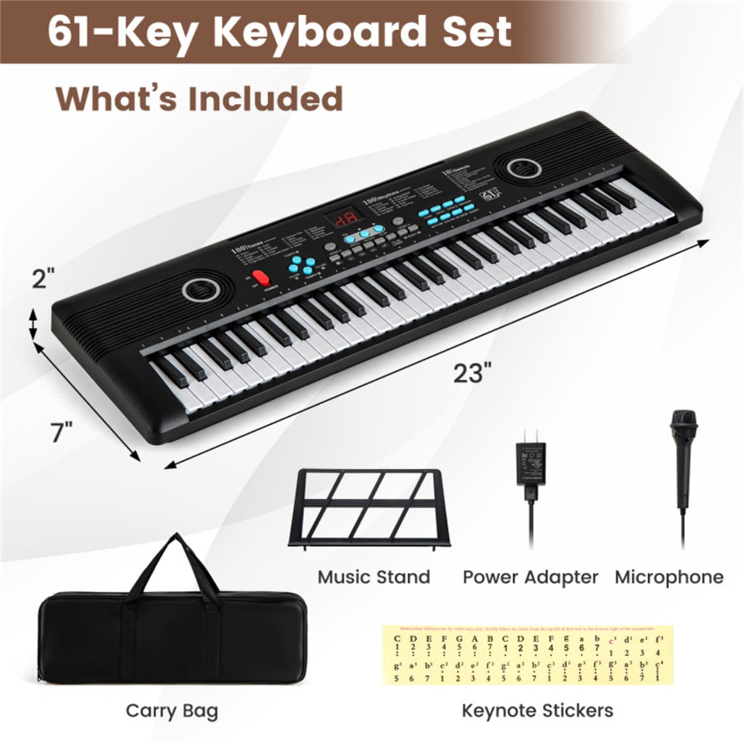 61-Key Portable Electric Keyboard for Beginners, 58.42×17.78×5.08 cm Digital Piano with 100 Rhythms/Timbres & Full Accessory Kit, Black