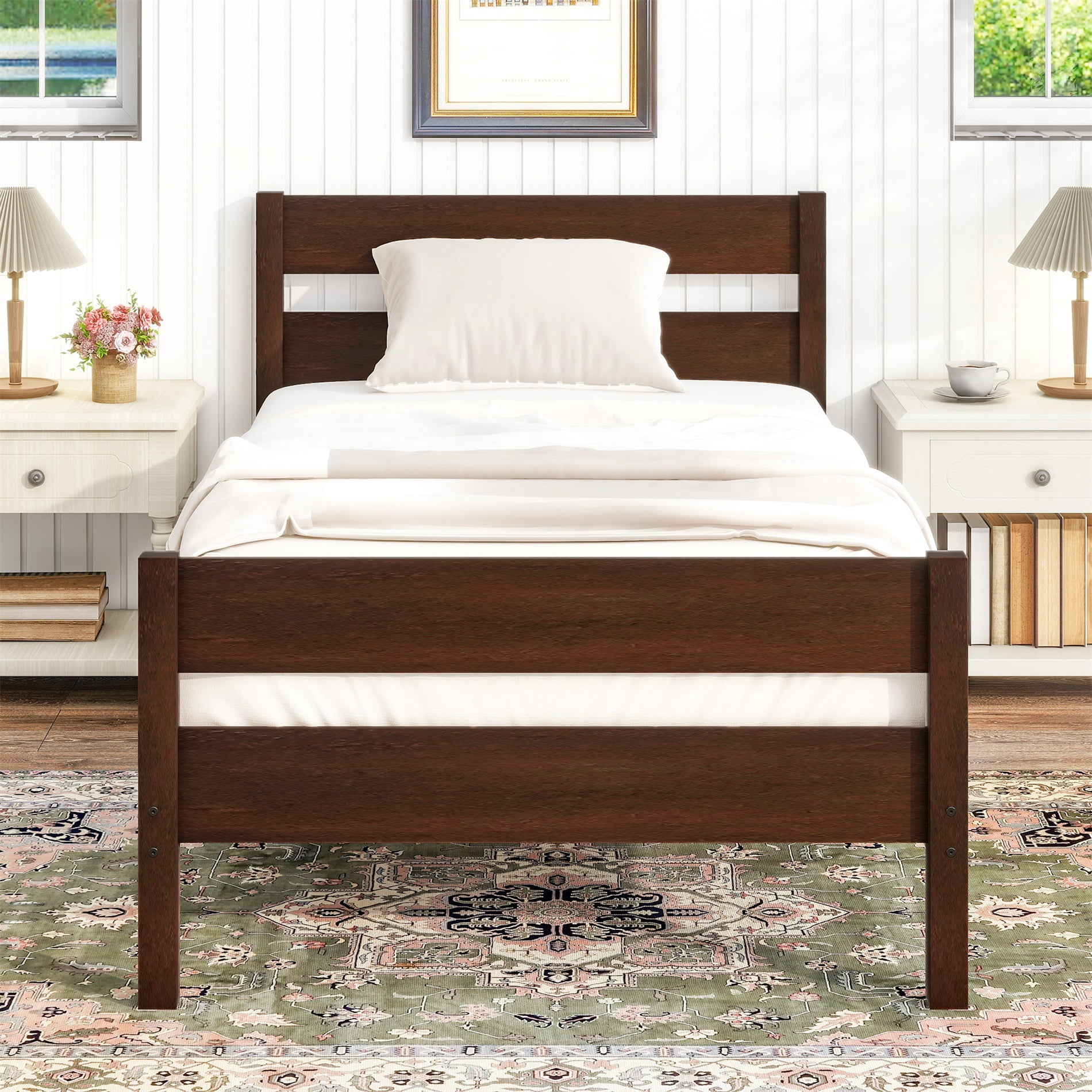 Alvantor Twin Platform Bed Frame with Minimalist Headboard, Gray Wood Finish