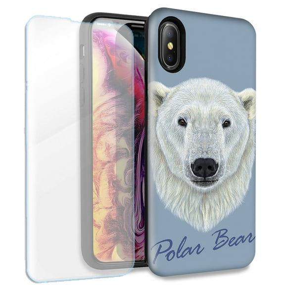 Mundaze Polar Bear Double Layer Case w/Glass Screen Protector For Apple iPhone XR