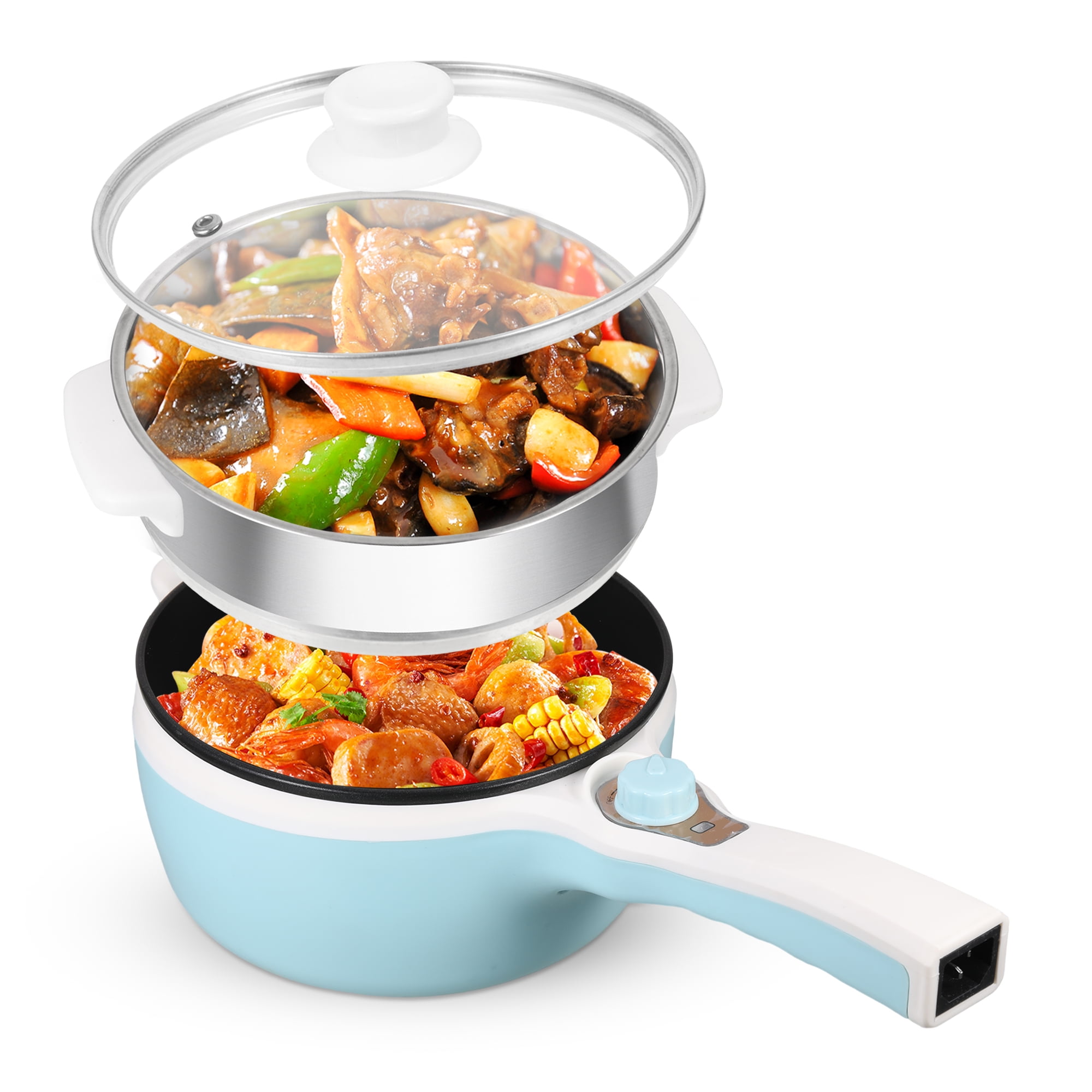 Wrea 600W Stainless Steel Kitchen Electric Hot Pot with Steamer, 1.8L Non-Stick Hot Pot with Power Adjustment, Fry Cooking Safe