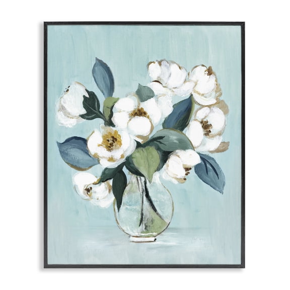 Stupell Industries Magnolia Arrangement over Blue Black Framed Giclee Art, design by Janet Tava