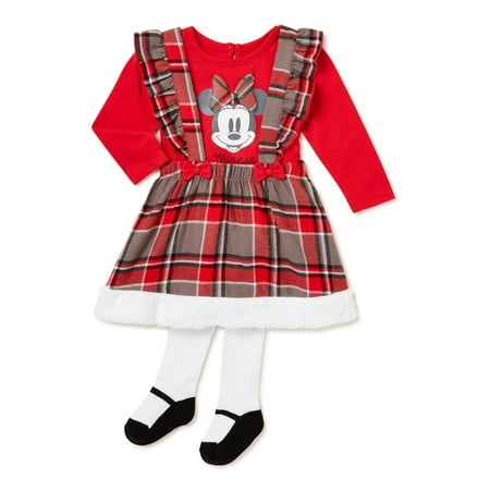 Minnie Mouse Baby Girls’ Top, Pinafore Dress & Tights Set, 3-Piece, Sizes 0/3M-24M