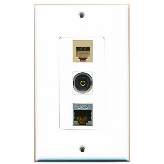 RiteAV - 1 Port Phone RJ11 RJ12 Beige and 1 Port Shielded Cat6 Ethernet and 1 Port Toslink Decorative Wall Plate Decorative