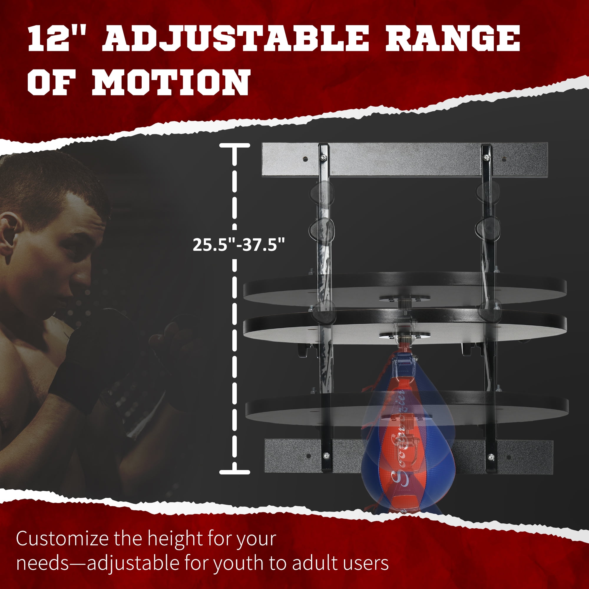 Soozier Heavy-Duty Speed Bag for Boxing Training Equipment, Wall-Mount Boxing Punching Bag, Adjustable Boxing Bag for Adults, Home Gym Equipment