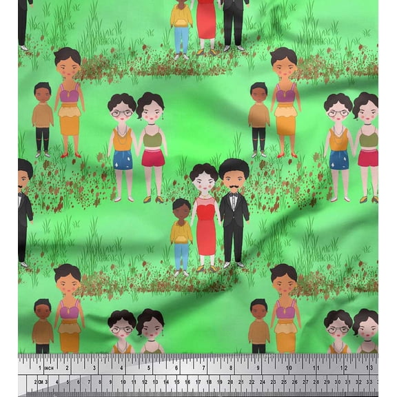 Soimoi Green polyester Crepe Fabric Garden Theme Human Figure Printed Craft Fabric by the Yard 42 Inch Wide