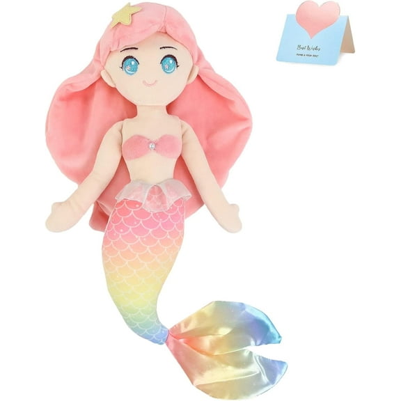 Mermaid Princess Stuffed Animal Cuddly Soft Hugging Plush Toy Doll Birthday Children's Day Christmas for Toddlers Girls, Pink, 15.5''