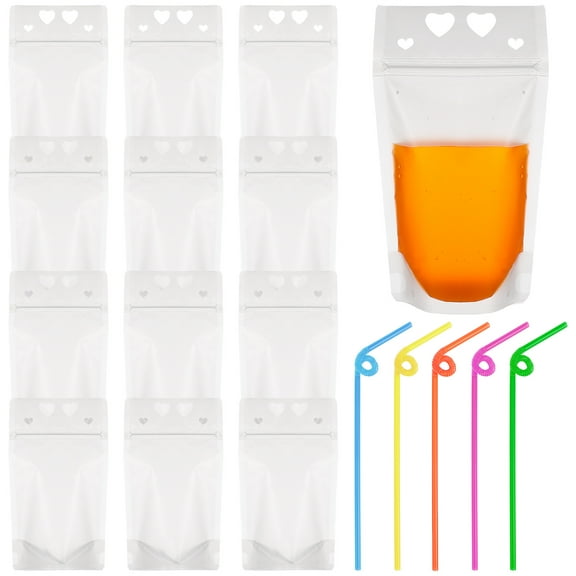 HERFIER 50 Clear Drink Pouches w/ Straws - Love Pattern Juice Containers for Adults