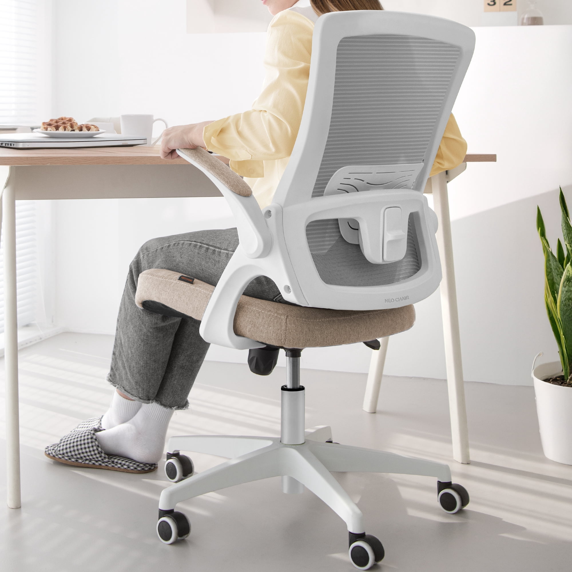 CELTOSS Ergonomic Office Chair, Wide Seat with Flip-Up Armrests, Lumbar Support, Adjustable Height, Comfy Home Task Computer Chair, Beige