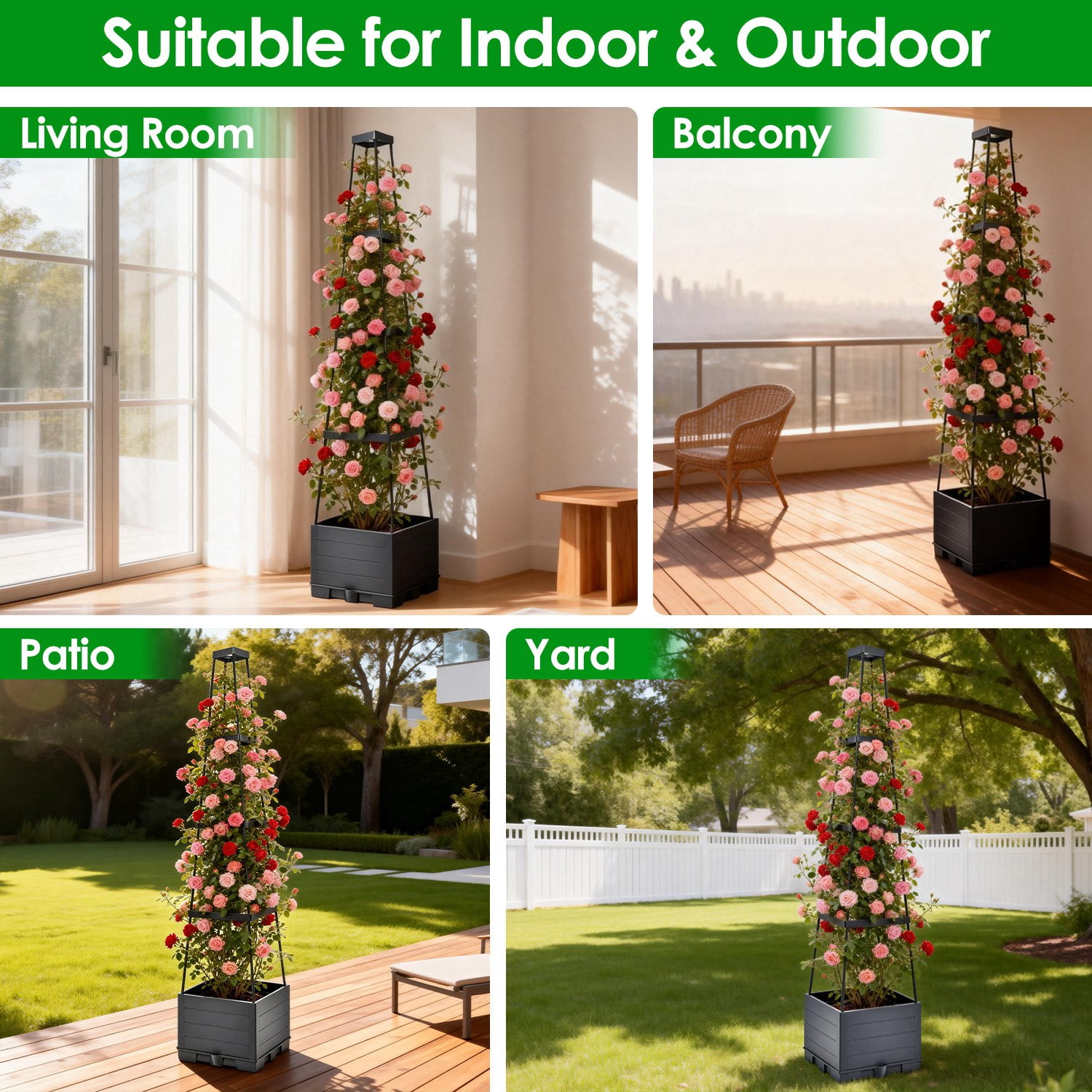 Raised Garden Bed with Trellis, Self-Watering Planter Box 4-Level Adjustable Height PP Planter with Plant Clips & Ties for Climbing Plants Balcony Patio