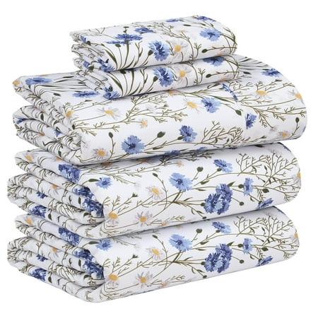 Ruvanti 100% Cotton Sheets - Crispy Cooling Percale Sheets - Breathable & Durable Queen Sheet Set - Deep Pocket Queen Size Sheets - Blue & Yellow Floral - Moisture Wicking Bed Sheets - 4 Pieces