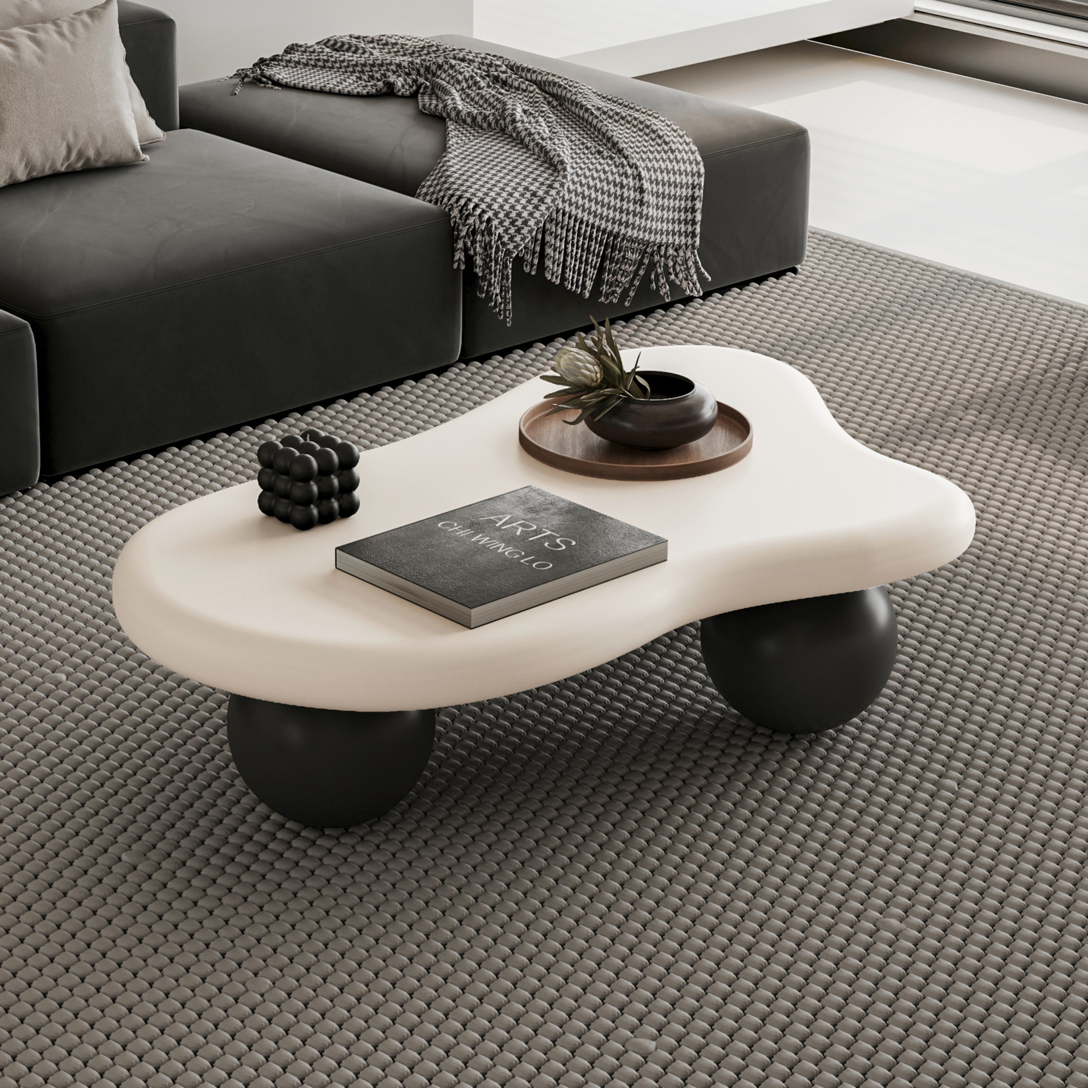 Noble House 40" Cloud Shaped Coffee Table with Ball Legs, Modern Aesthetic Accent Table for Living Room, White Top Black Legs