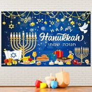 Happy Hanukkah Backdrop Banner, Menorah Blue Shiny Lamps Chanukah Party Background for Hanukkah Decorations, Banner Photography Backdrop for Hanukkah Party Supplies