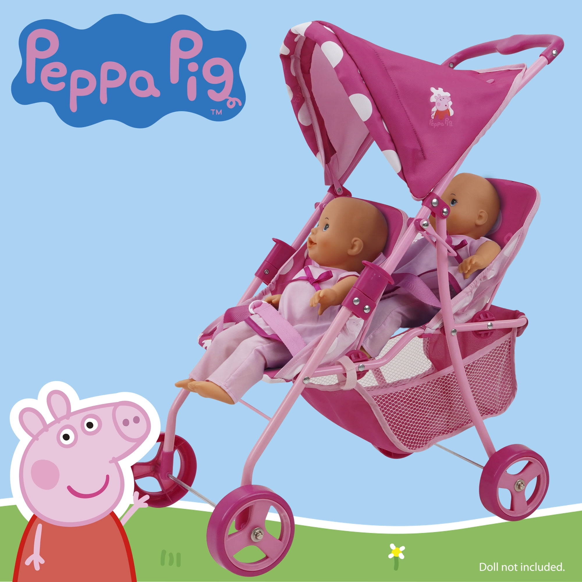 Peppa Pig Doll Twin Stroller Pink White Dots Fits Dolls up to 24