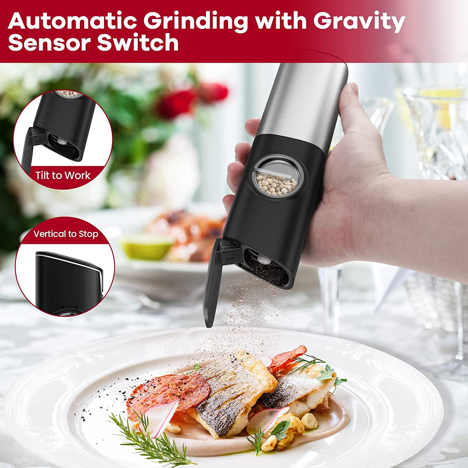 SZMLOGB Electric Pepper Grinder， Rechargeable Electric Salt and Pepper Grinder,1 Pack-Silver