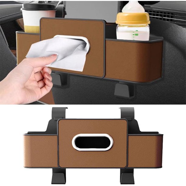 Organizador de respaldo de asiento de automóvil con portavasos y caja de pañuelos Caja de almacenamiento de cuero multifunción para respaldo de asiento de automóvil con ganchos y soportes para