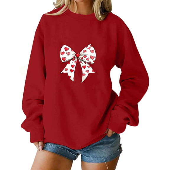 Womens Valentine Day Pullover Sweatshirts Long Sleeve Holiday Cute Valentines Sweater Casual Bow Heart Tops, M Red