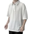 thumbnail image 4 of Blusa de manga corta con cuello hacia abajo para hombre, camisa con botones de color liso, informal, elegante, de verano, para fiesta, color blanco, XL, 4 of 8