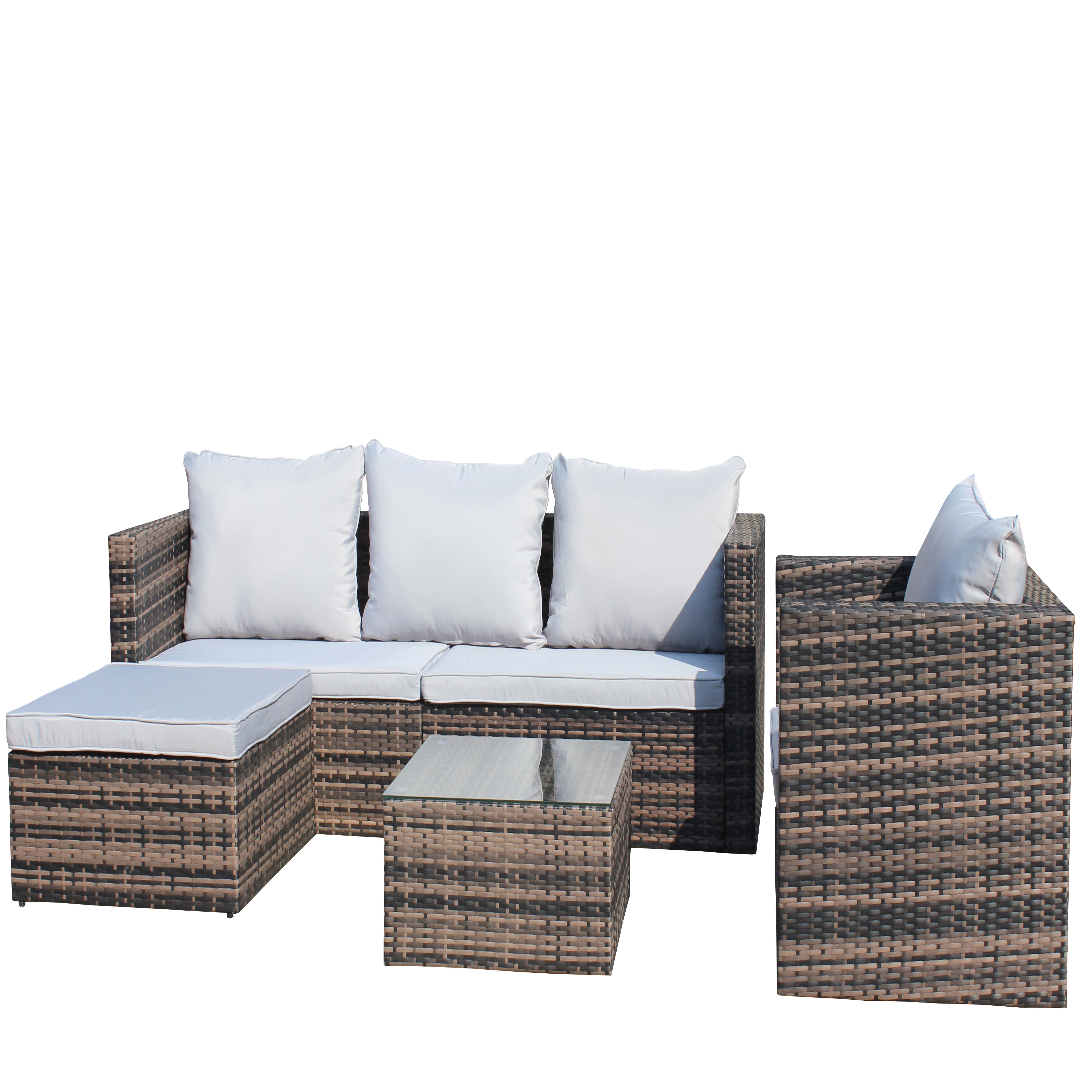 Rattan Patio Sofa Set, 4 Pieces Outdoor Sectional Furniture Set, All-Weather PE Rattan Wicker Patio Conversation Set, Cushioned Sofa Set with Glass Table for Patio Garden Poolside Deck