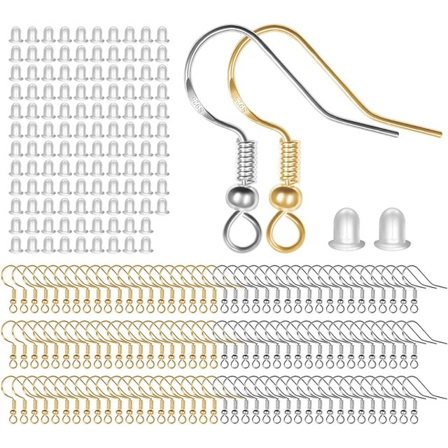 925 Sterling Mixed Earring Hooks 120 PCS/60 Pairs, Ear Wires Fish Hooksfor DIY Jewelry Making, Hypo-allergenic Jewelry Findings Parts with 120 PCS Clear Silicone Earring Backs Stoppers