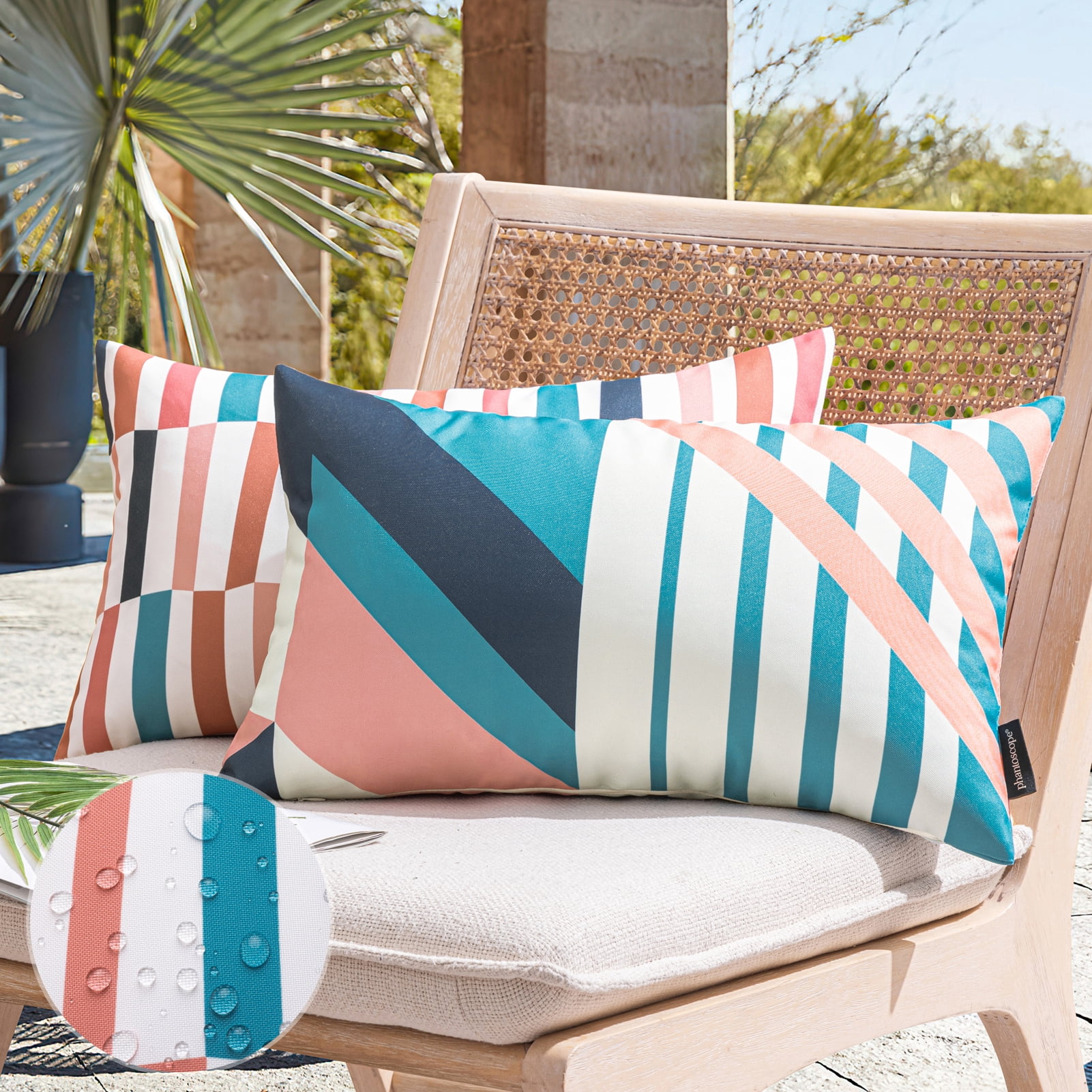 Phantoscope 2 Pack Waterproof Outdoor Decorative Throw Pillow 12x20, Geometric Color Block Patio Cushion Cases for Couch & Tent, Pink & Blue