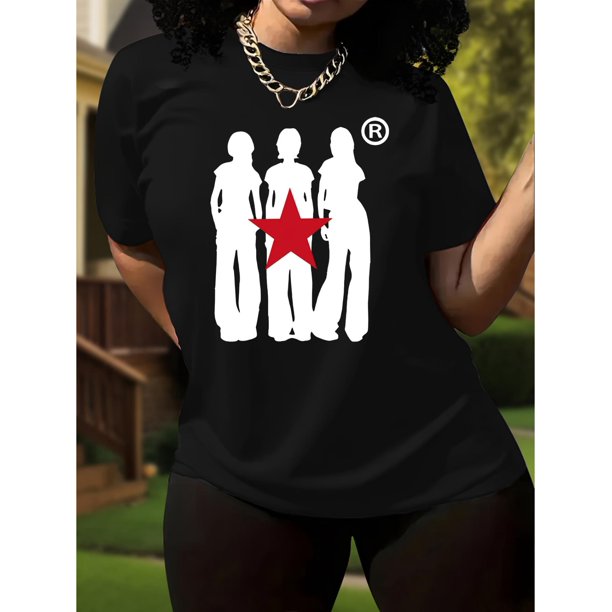 Camiseta De Verano MujerA Stylish Casual Top with a Round Neck And Short Sleeves Featuring Red Star Prints, Designed for Fashionable Black Women.Father's Day, Mother's Day, New Year, Spring Festival