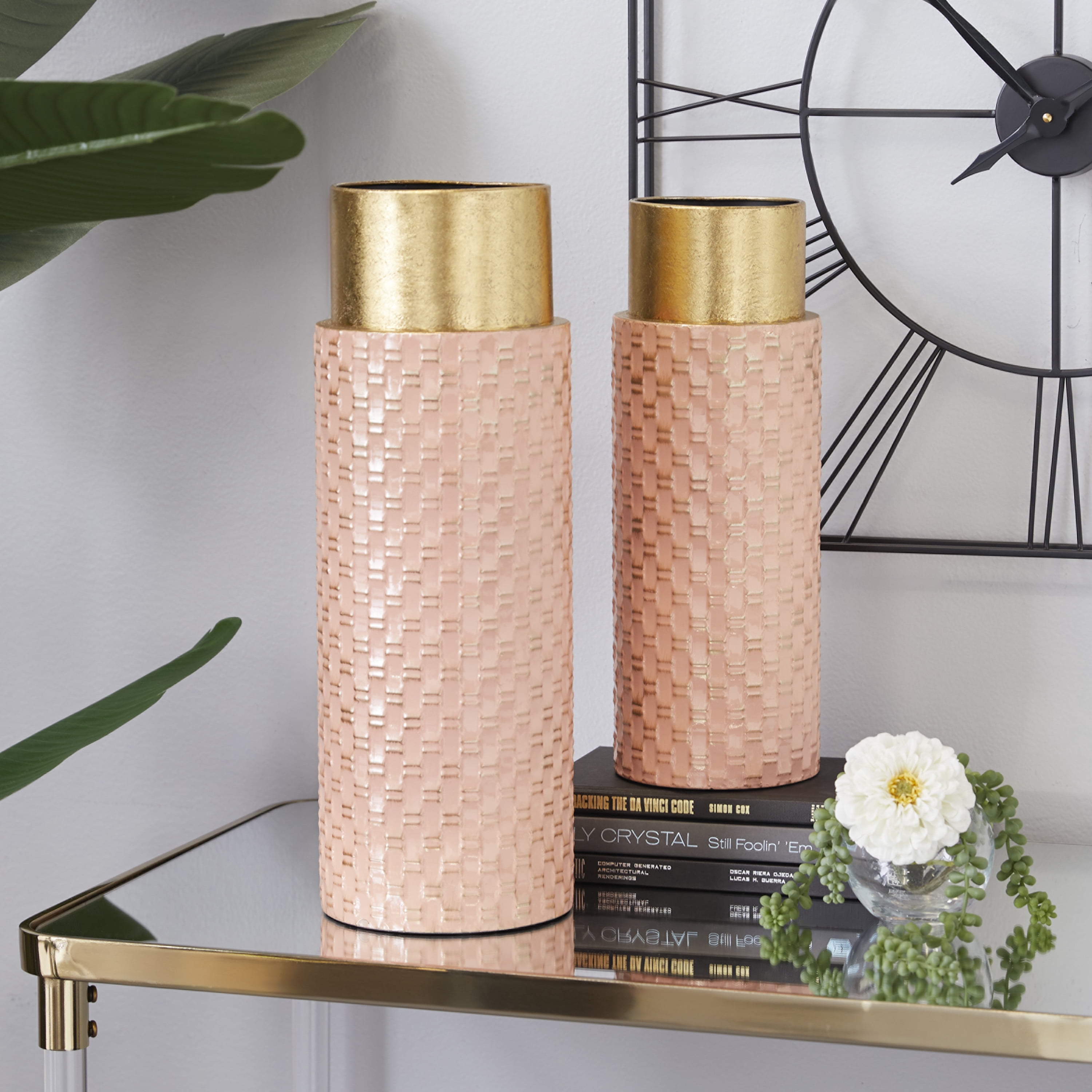 DecMode 18", 15"H Weave Inspired Pink Metal Vase with Gold Top, Set of 2