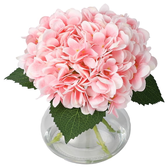 Artificial Hydrangea Flowers in Glass Vase with Faux Water, Realistic Silk Floral Arrangement Centerpiece for Table Home Wedding Office Decor Pink