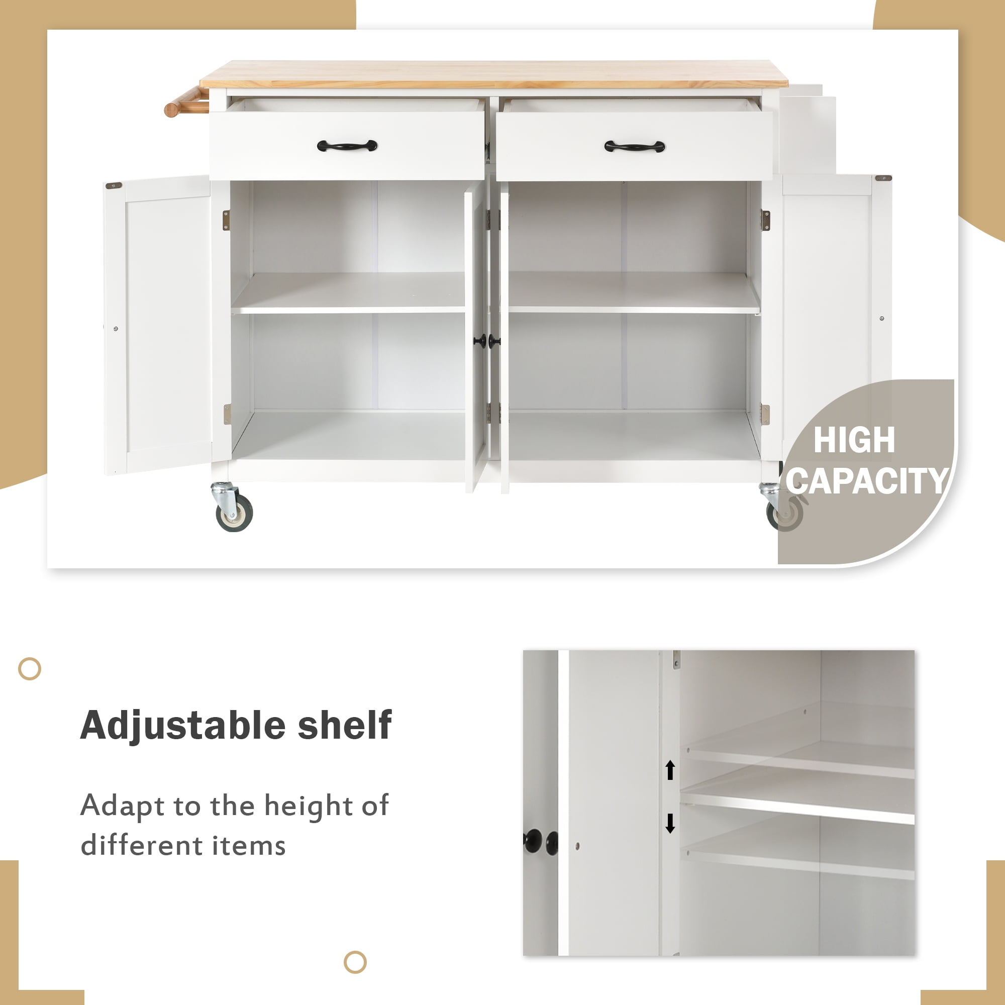 Yoneston Kitchen Island with 4 Door Cabinet and 2 Drawers, Rolling Kitchen Storage Cart with Spice Rack and Towel Rack for Home, Kitchen, Dining Room, White