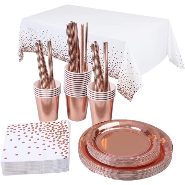Accesorios de fiesta de oro rosa, juego de platos de papel, vasos de papel, juego de vajilla de papel desechable que incluye mantel, platos, vasos, pajitas, servilleta para cumpleaños, bodas,