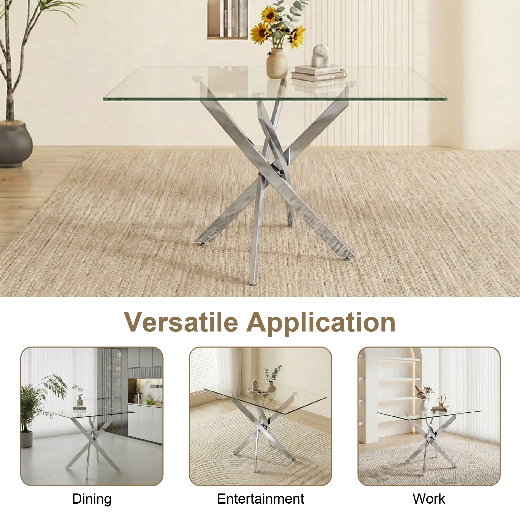 Garitin Dining Table and Rectangular Glass Top Kitchen Table 47.24 Inch, Modern Center Table with Silver Metal Legs for Dining Room, Silver