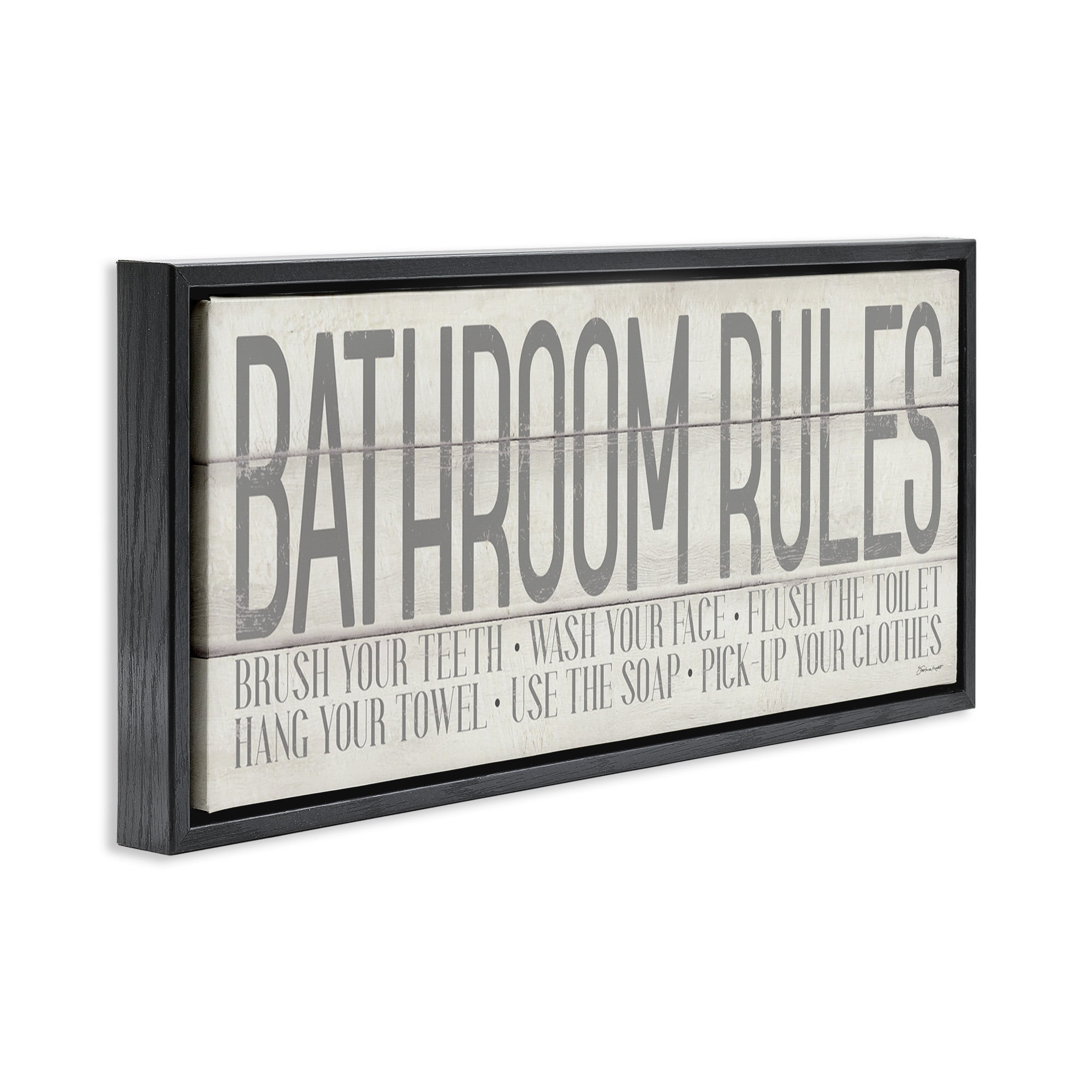 Stupell Industries Planked Style Bathroom Rules Abstract Painting Black Floater Framed Canvas Art Print Wall Art, 25 x 11