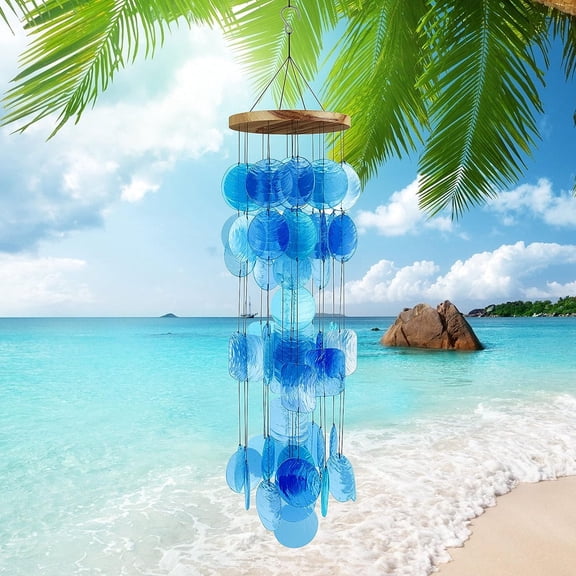 Blue Seashell Glass Wind Chimes 28" Comes with Wall Stand