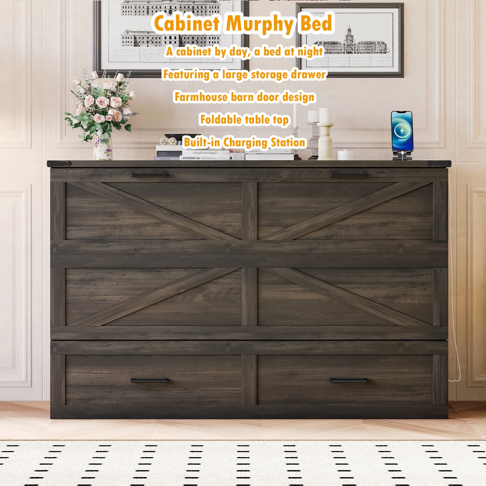 Bellemave Queen Size Farmhouse Murphy Bed Frame with Charging Station and Storage Drawer Foldable Cabinet Platform Bed for Guest Room or Home Office (Queen Size, Rustic Gray)