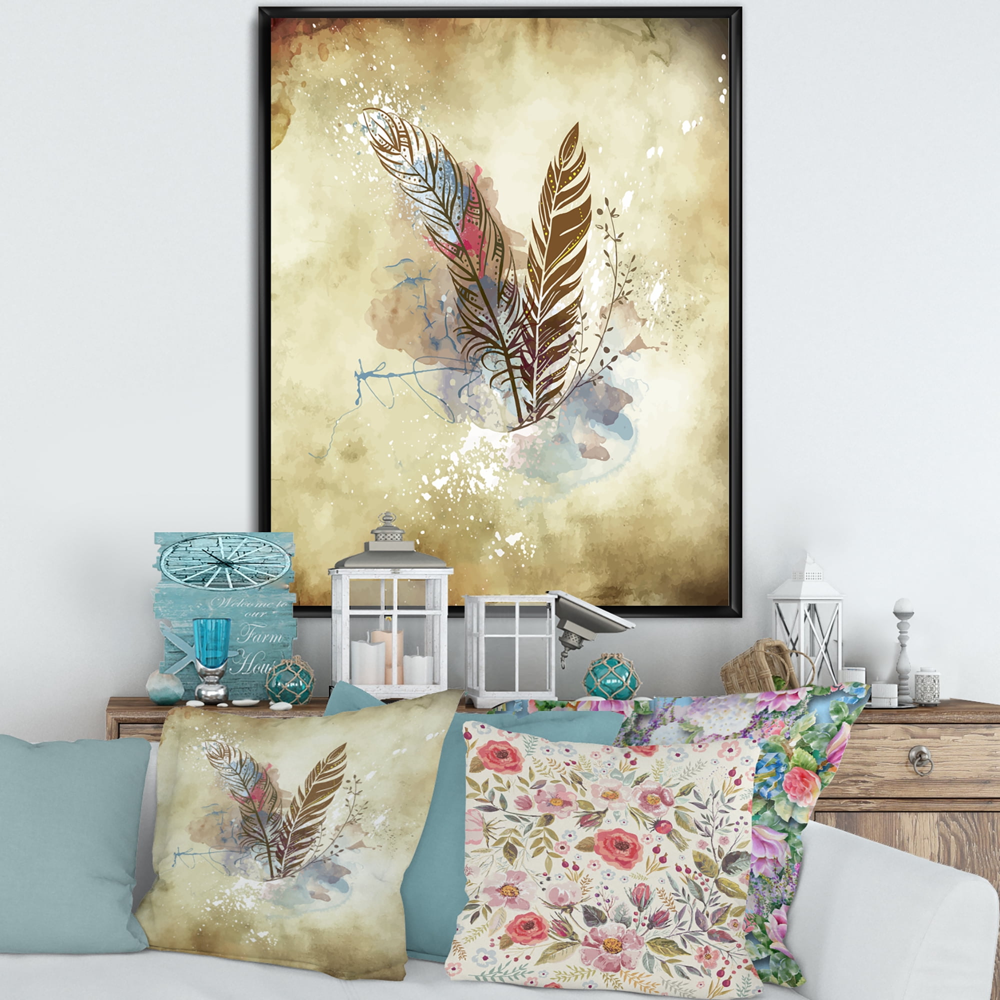 Designart 'Beige Vintage Flowers' Vintage Framed Canvas Wall Art Print