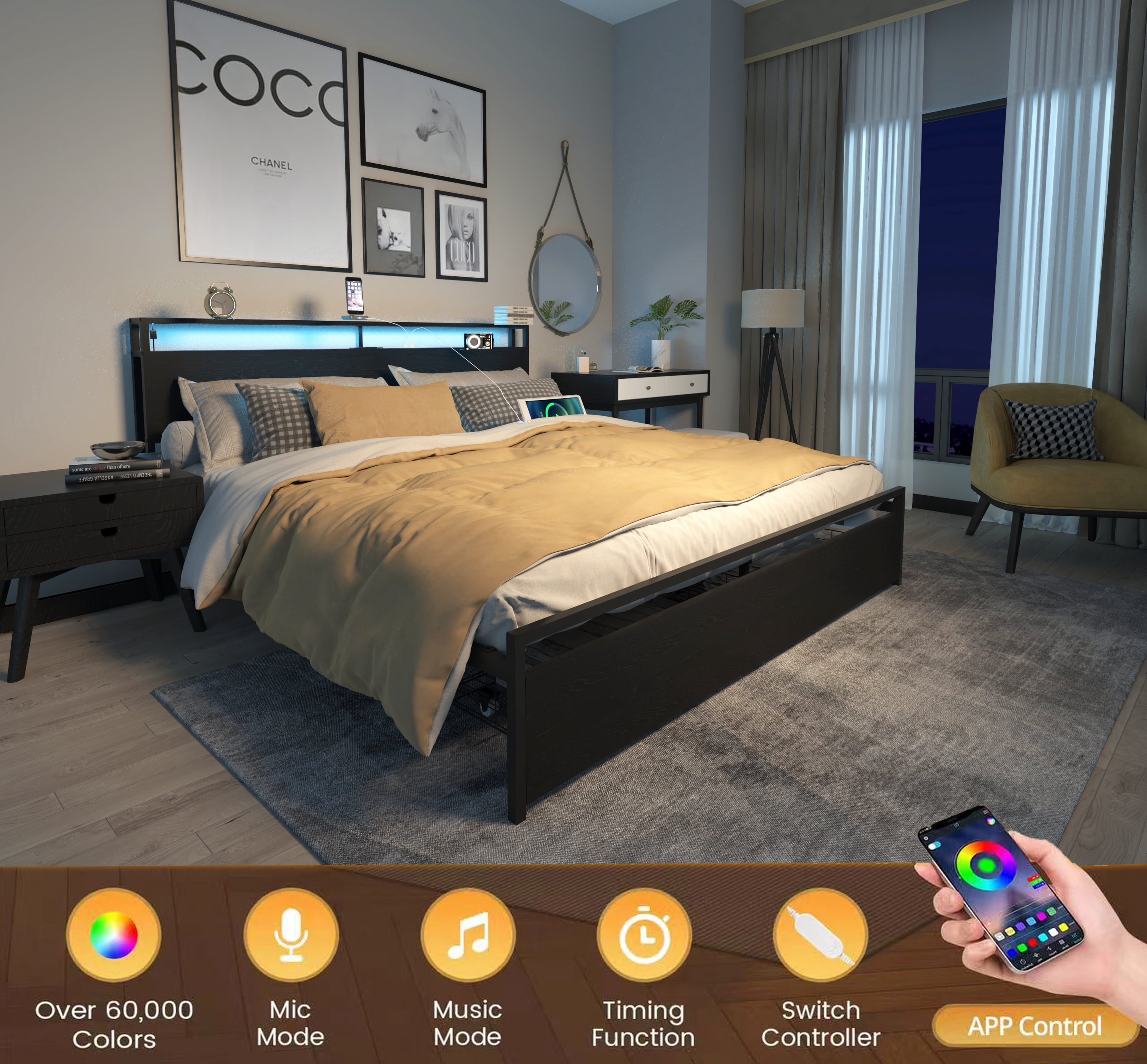 Miniyam King Size Bed with LED Lights, Storage Drawers, USB Charging Headboard for Adult, Black