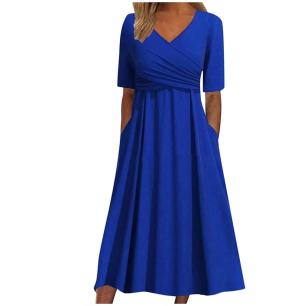 Vestido vintage informal de mujer con cuello en V y manga corta plisada - Falda larga de playa de poliéster con estampado floral, tallas S-XXXL