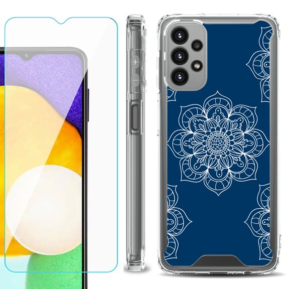 Shockproof Bumper Phone Case for Samsung Galaxy A23 5G, with Tempered Glass Screen Protector, by OneToughShield ® - Mandala / Blue