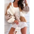thumbnail image 6 of Women'S Contrasting Retro Cardigan Sweater, Loose V-Neck Lantern Sleeves, Thick Knit, Everyday Coat Khaki S, 6 of 9