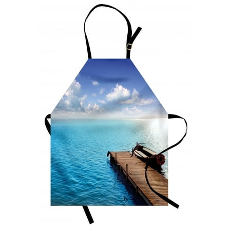 Summer Apron Wooden Deck on Charm Lake Holiday Europe Coast Tranquil Sea View, Unisex Kitchen Bib Apron with Adjustable Neck for Cooking Baking Gardening, Violet Blue Turquoise Redwood, by