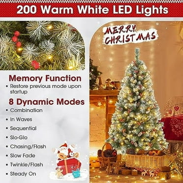 GOFLAME 5FT Prelit Christmas Tree, Hinged Xmas Tree with 450 PVC Branch Tips, 200 LED Lights, 42 Pine Cones & 126 Red Berries, Xmas Decoration Artificial Tree with 8 Lighting Modes, Memory Function