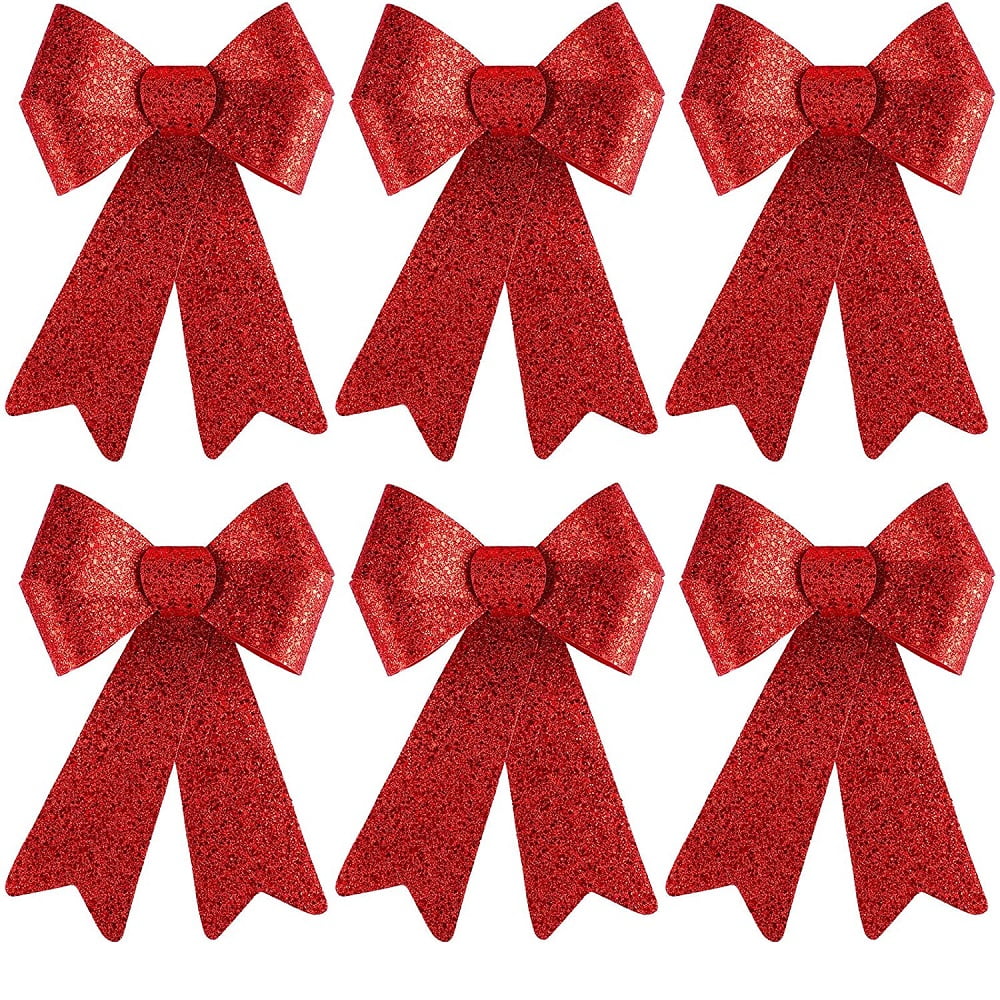 Christmas Glitter Bows 4x5 Inches - 6 Pack (Silver, Red, Gold) With Twisty Ties - Decorate Trees, Gifts & More