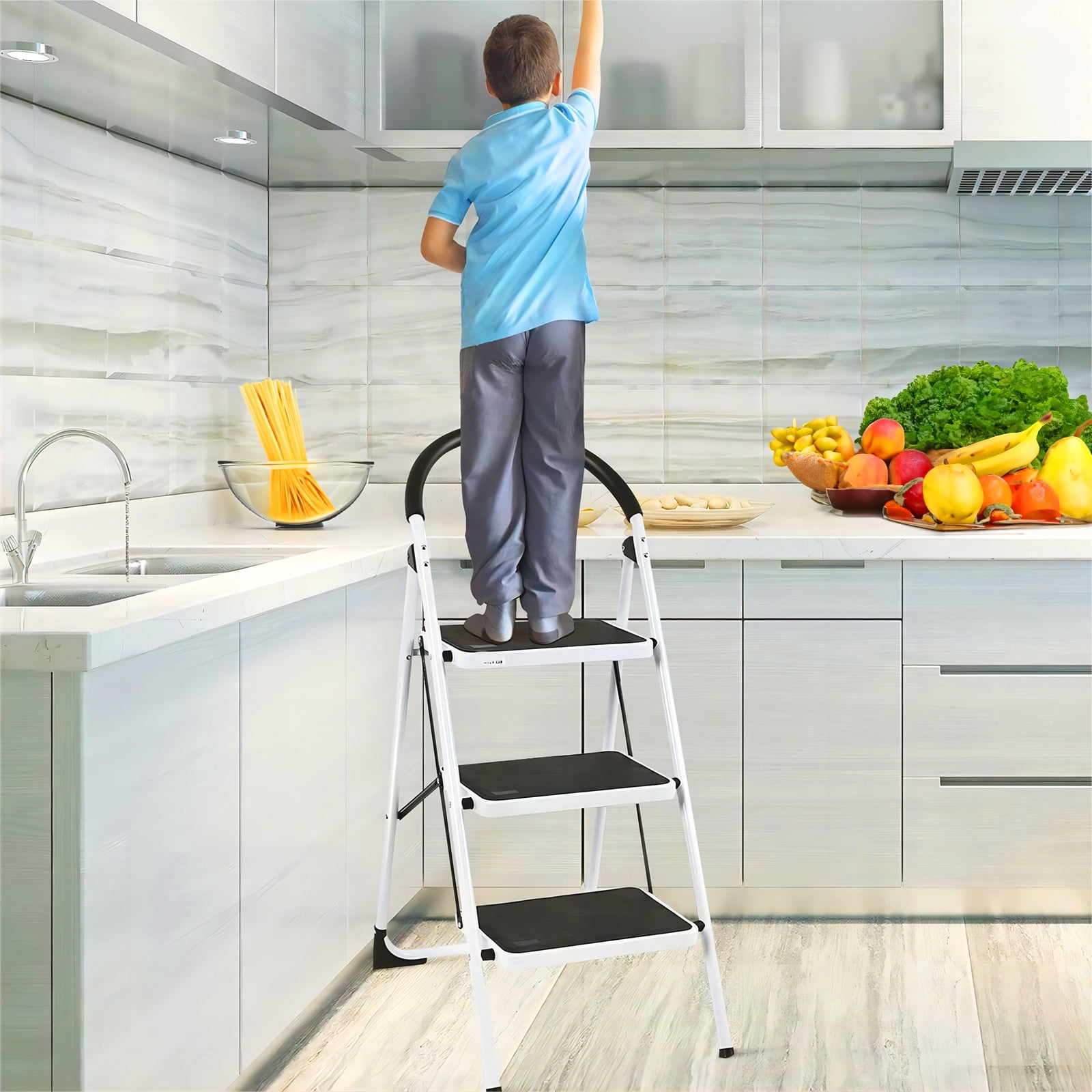 HONGGE 3 Step Ladder Folding Step Stool Heavy Duty 330Lbs Capacity Industrial Lightweight