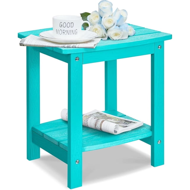 Table d'Appoint Extérieure, Petite Table Adirondack à Deux Niveaux en HIPS, Table Carrée Imperméable pour l'Extérieur, Tables d'Extrémité Modernes pour Balcon, Patio, Piscine, Plage, Véranda, Terrasse, Usage Intérieur Ou Extérieur, Bleu Aruba