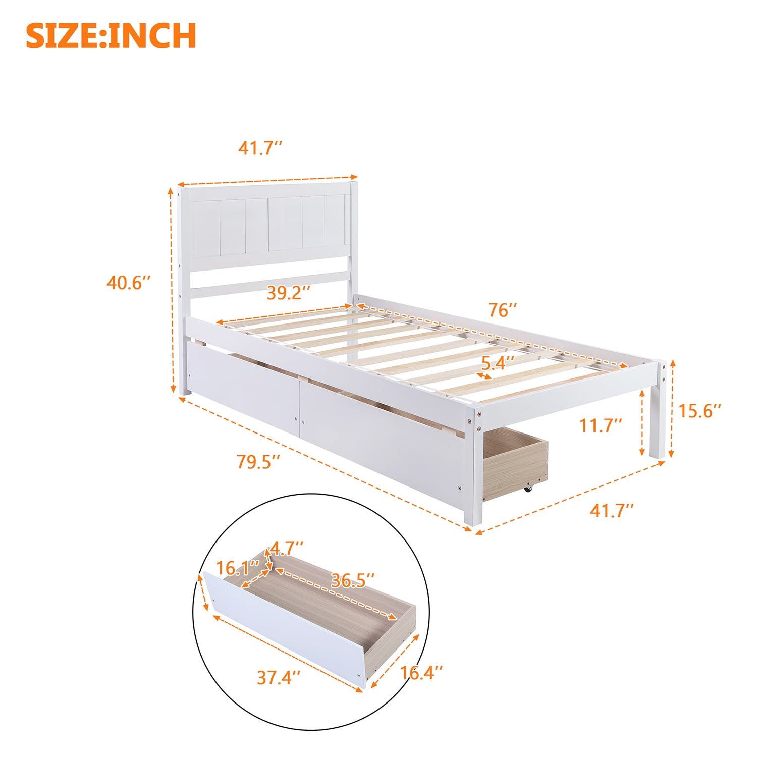 Kepooman Twin Size Solid Wood Platform Bed Frame with 2 Drawers & Headboard for Bedroom, 79.5"L x 41.7"W x 40.6"H, White Kepooman Twin Size Solid Wood Platform Bed Frame with 2 Drawers & Headboard for Bedroom, 79.5"L x 41.7"W x 40.6"H, White
