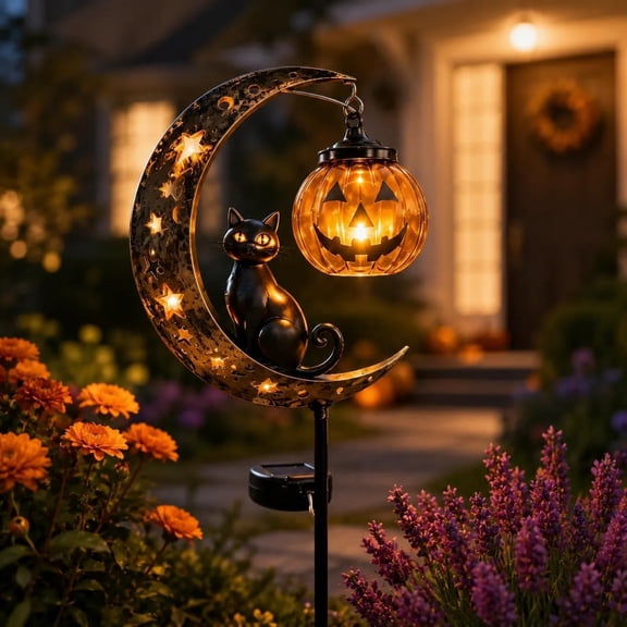 Solar Halloween Cat & Pumpkin Garden Light, Waterproof LED Moon Stake Decor, Outdoor Yard Light for Patio Lawn Pathway
