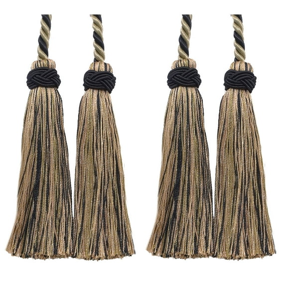 Imperial Collection Double Tassel Curtain and Drapery Tieback / Holdback, 4" Tassel (10cm), 26" Spread (66cm) # ICT, Tan Beige Black #4363 (Pure Black, Tan Beige, Light Beige) Set of 2