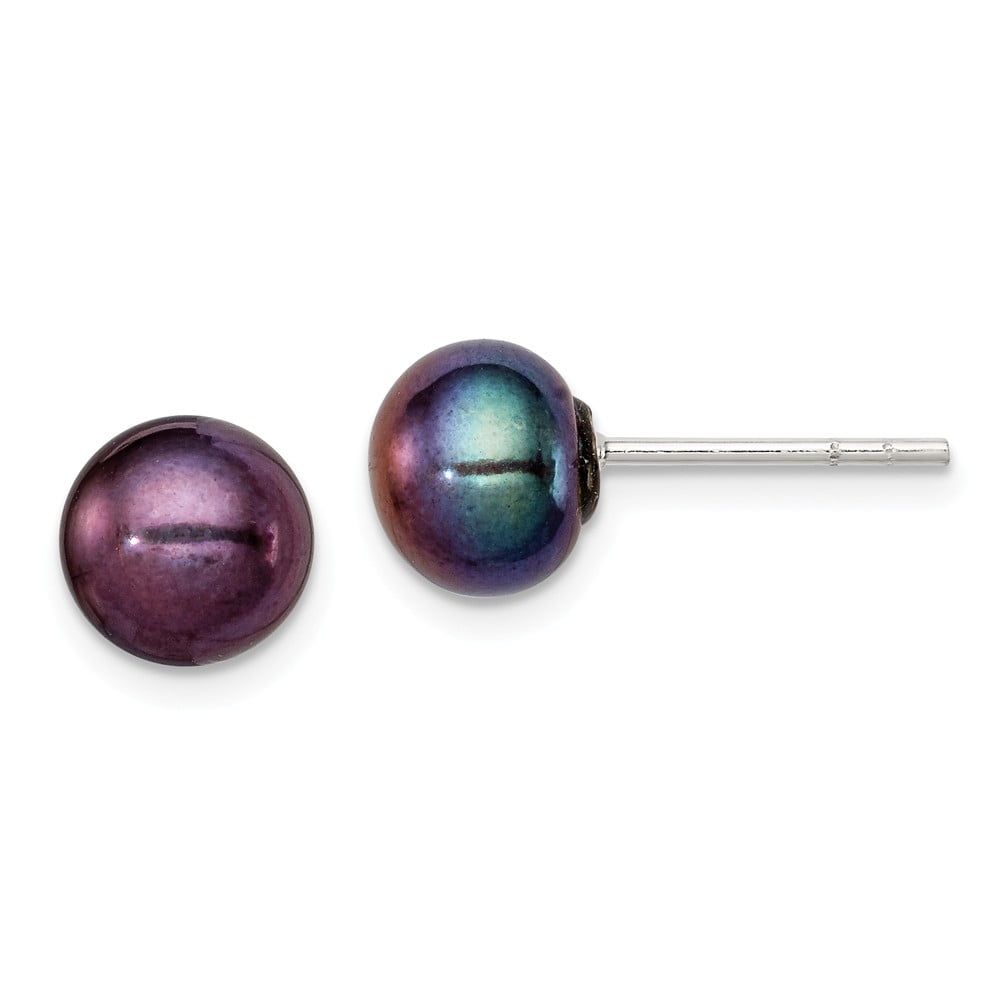 Jewel Tie 925 Sterling Silver 7-8mm Black FW Cultured Button Simulated Pearl Stud Earrings
